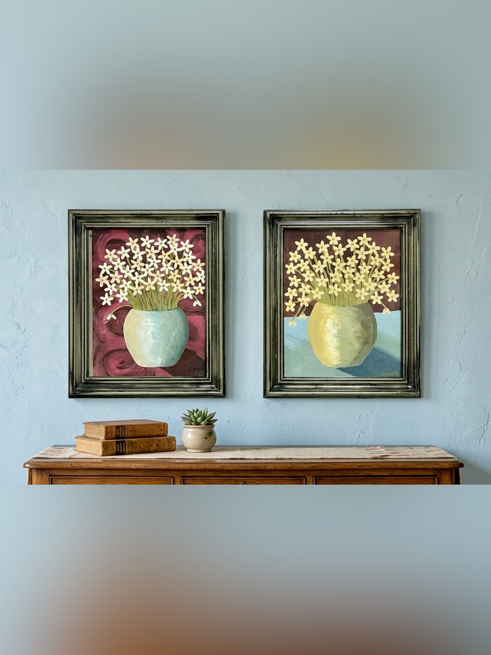 Anthropologie Style Boho Vintage Floral Diptych Framed Art (Set of 2)